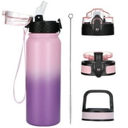Oldley Stainless Steel Water Bottle, 20 Oz, Pink, Slim Bottle, kid waterbottle, with 3 Lids \u0026 Strap